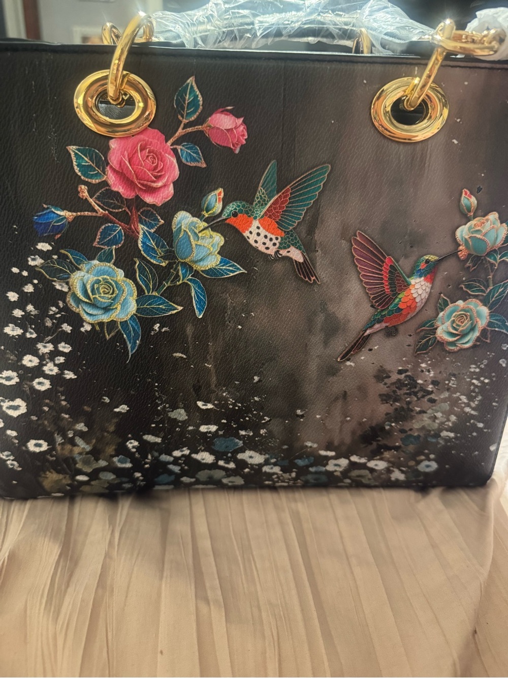 Black Floral Hummingbird Tote - Elegant Home Accent